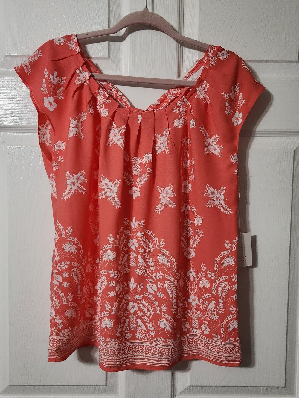 LC Lauren Conrad Coral W/ White Tropical Print Cap-Sleeve Blouse, Size S, NWT